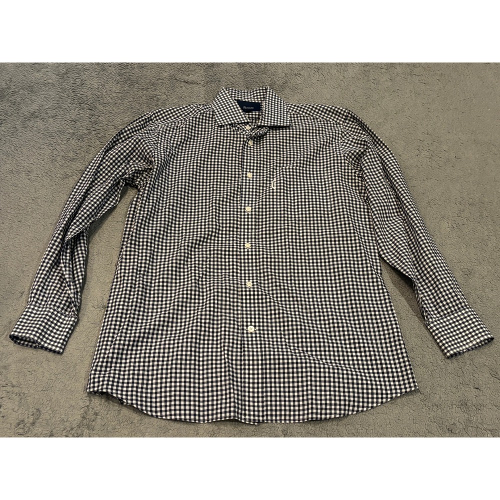 Faconnable Club Mens Gingham Check Button Down Shirt Navy Blue White 15.5 39 R